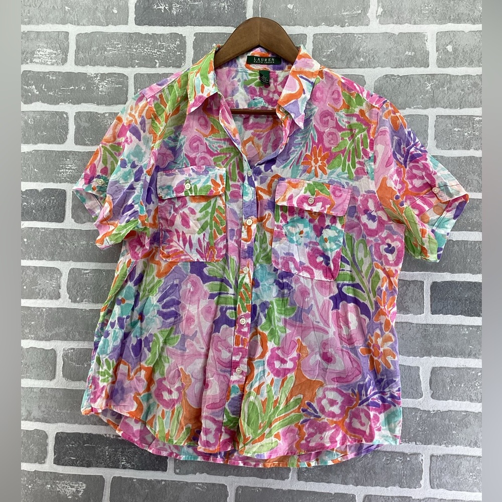 Lauren Ralph Lauren Bright Colorful floral button short sleeve top size large